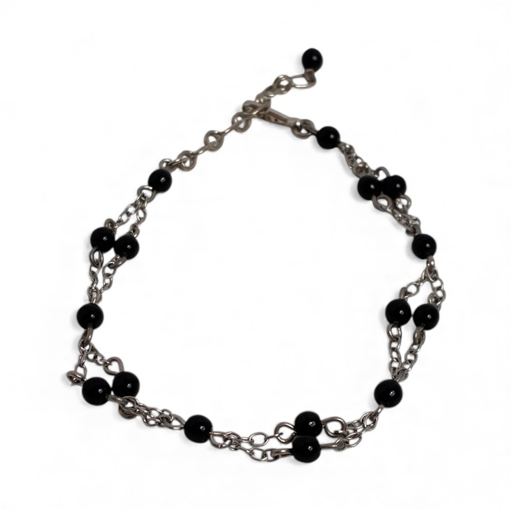 Vintage Bracelet Black Beaded Silver Tone Chain 8.5 Inches Clip Closure